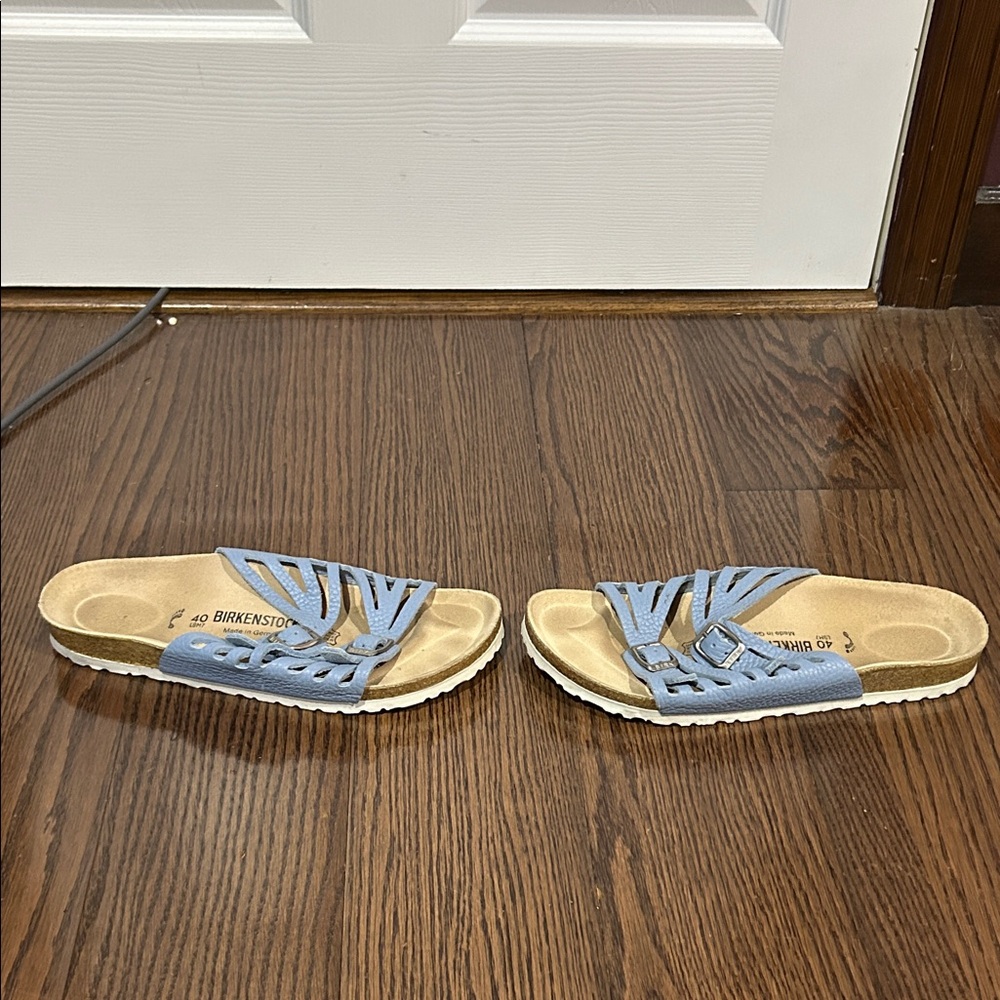 Birkenstock Light Blue Leather Double-Buckle Slide Sandals sz 9 - Picture 3 of 5